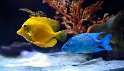 yellow and light blue fish in aquarium