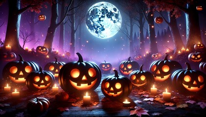 A spooky Halloween setting with a group of Jack-o'-lanterns glowing brightly in a dark forest. 