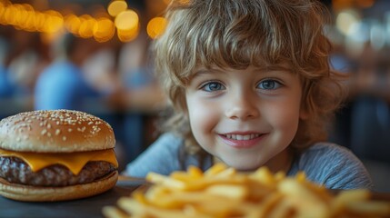 happy child with burger and fries in a restaurant