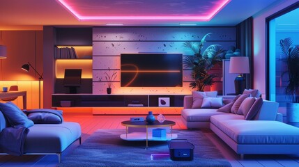 Wall Mural - ultramodern hotel suite with neon lighting and luxurious amenities in a dynamic setting
