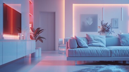 Wall Mural - Luxurious Living Room in a Futuristic Setting with Integrated Smart Home Technology