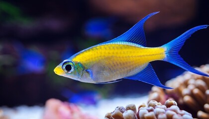 yellow tail damsel fish close up in an aquarium