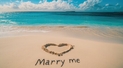 Marry me text and heart on the sand on the tropical ocean beach. Proposal and happy marriage concept