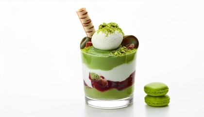 Sticker - a beautifully presented matcha parfait with layers of matcha ice cream sweet red bean paste mochi and whipped cream garnished with a wafer stick isolated on white background