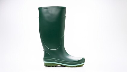 generic green rubber wellington welly boot shot sideways on against a white background