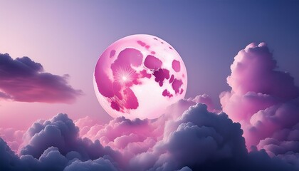 Wall Mural - pink moon behind clouds in the sky ai generated