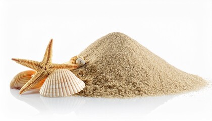 a pile of sand and a starfish with shells on it on a white isolated background