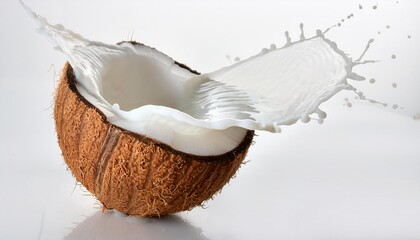 Sticker - half of coconut and coconut cream water splash on white background