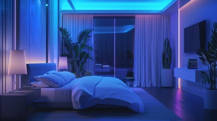 Poster - Sleek Futuristic Bedroom with Ambient Lighting and Minimalist Design