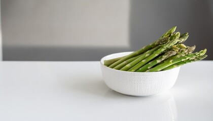 Sticker - a white countertop hosts a bowl filled with green asparagus the backdrop is a gray wall