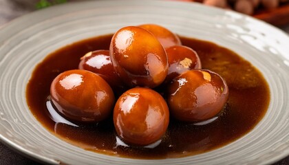 Canvas Print - malaysian style soy sauce eggs telur masak kicap closeup on the plate on the table vertical