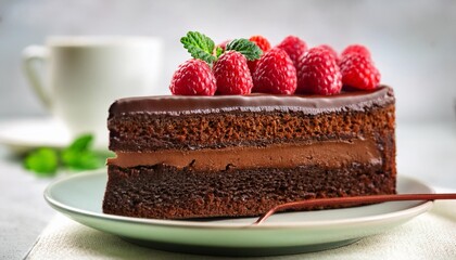 Wall Mural - a slice of chocolate cake with raspberries on top