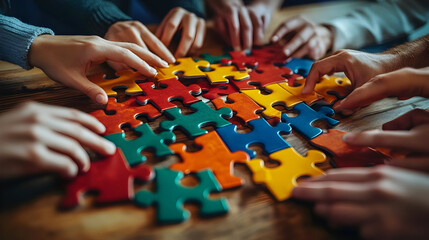 Hands working together to assemble a colorful jigsaw puzzle on a wooden table.