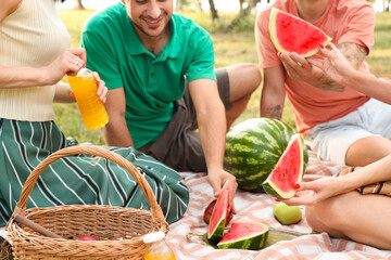 Wall Mural - Young friends with slices of watermelon sitting on picnic in park, closeup