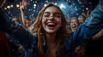 Sticker - Young woman in denim jacket laughing with confetti falling around her at a concert.