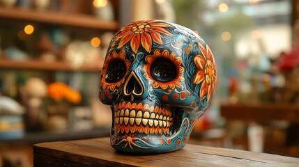 mexican skull on top of a bench