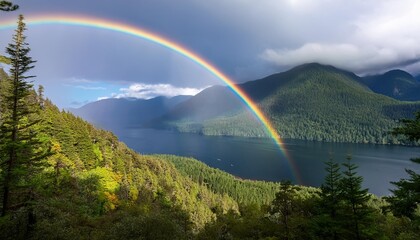 Wall Mural - a double rainbow over a fjord in the great bear rainforest of british columbia