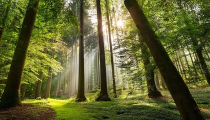 Sticker - high green trees in the forest with the sun rays in brussels