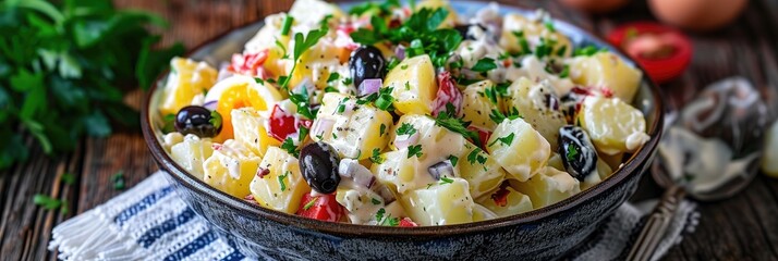 Canvas Print - Creamy Potato Salad with Boiled Eggs and Black Olives