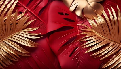 abstract luxury art background with exotic tropical leaves in red and gold illustration