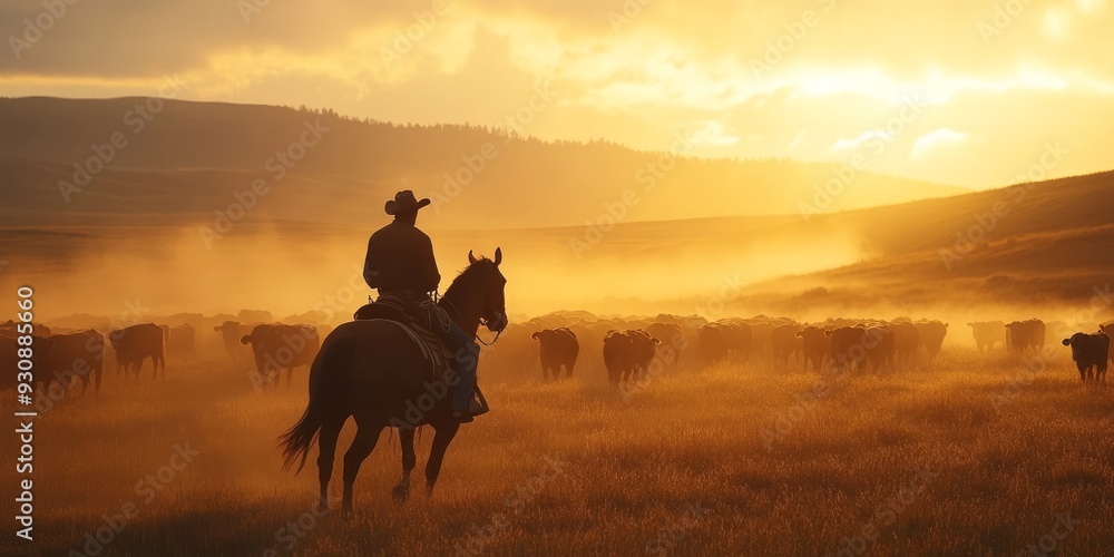 A skilled cowboy rides his majestic horse, guiding a herd of cattle through golden fields at sunset, with rolling hills in the background, capturing the essence of the timeless West