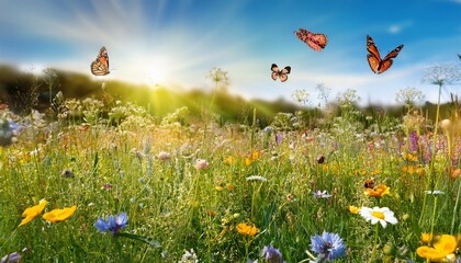 Wall Mural - a summer meadow filled with wildflowers and fluttering butterflies