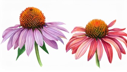 Wall Mural - summer flowers echinacea on a white background watercolor botanical illustration flora clipart