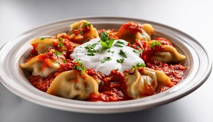 Wall Mural - turkish manti with red pepper tomato sauce yogurt and mint plate of traditional turkish food