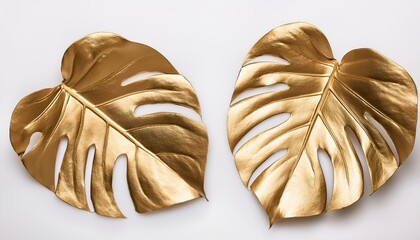 Wall Mural - gold painted monstera leaves on white background