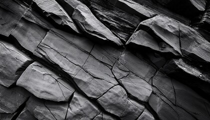 Poster - black white rock texture cracked layered mountain surface close up gray grungy stone background with space for design