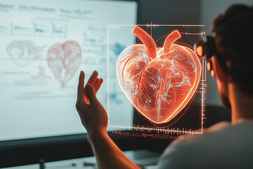 A man examines a 3D model of a human heart on a computer screen, using a VR headset for a more immersive experience.