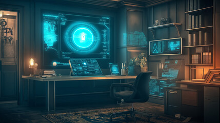 Wall Mural - Modern office interior with futuristic tech and a swivel chair.