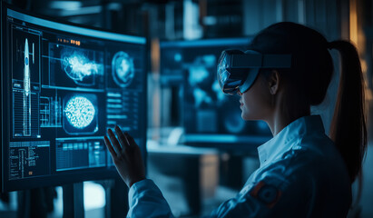 A woman wearing VR headset interacts with a futuristic computer interface.