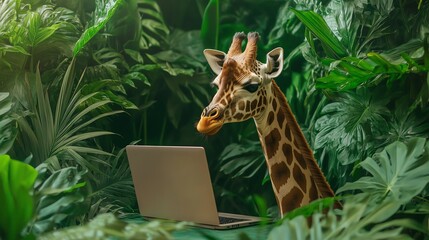 A giraffe in a jungle setting, curiously looking at a laptop amidst lush green foliage