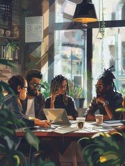 Aufkleber - A group of young entrepreneurs brainstorm together in a stylish cafe, surrounded by laptops, notebooks, and coffee cups. Generative AI