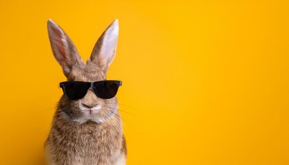 Wall Mural - cool easter bunny with sunglasses in front of a yellow background wall