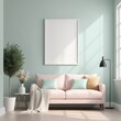 © Hendry - Mockup plain white frame in interior background, room with light pastel colors, 3d rendering