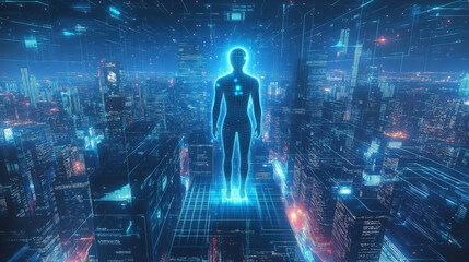 Wall Mural - A glowing digital human stands in the middle of a futuristic, neon-lit cityscape, showcasing the interconnectedness of technology and humanity.