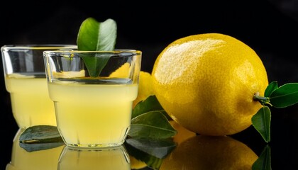 traditional italian liqueur limoncello on a black reflective background