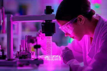 Wall Mural - Scientist working with a microscope in a lab with neon lighting highlighting the fusion of modern technology and scientific research