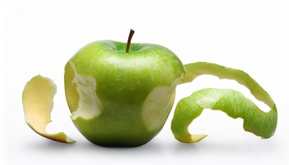 delicious and fresh green apple that is peeling the shell to be able to eat it isolated on white background