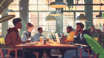 Aufkleber - A group of young entrepreneurs engages in brainstorming at a busy café, surrounded by laptops, notebooks, and coffee cups, fostering collaboration and creativity. Generative AI