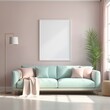 © Hendry - Mockup plain white frame in interior background, room with light pastel colors, 3d rendering