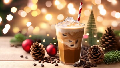 Wall Mural - iced coffee latte background with a cozy winter theme the iced coffee is surrounded by holiday decorations and warm lighting creating a festive and inviting scene