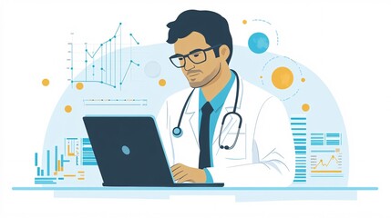 Wall Mural - A focused epidemiologist analyzing data on a laptop, surrounded by charts and graphs, in a light solid color background