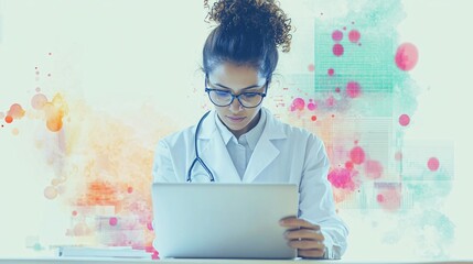 Wall Mural - A focused epidemiologist analyzing data on a laptop, surrounded by charts and graphs, in a light solid color background