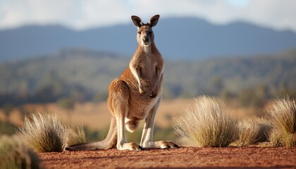  A kangaroo standing upright with strong muscular legs, gazing directly at the viewer, set ag