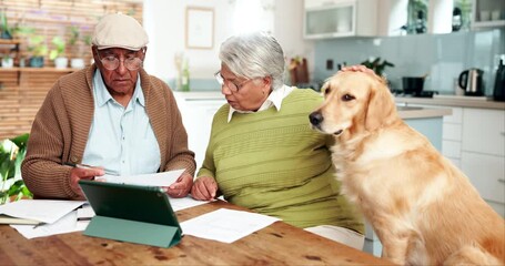 Poster - Elderly couple, budget or life insurance paperwork with banking checklist, statement or bills. Retirement fund, pet or senior people planning in home with will paperwork, dog or financial documents