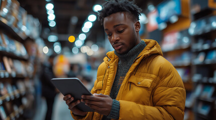 Wall Mural - A man in a yellow jacket is looking at a tablet. He is in a store and he is browsing