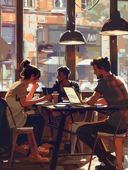 Poster - A group of young entrepreneurs engages in a brainstorming session at a vibrant café, surrounded by laptops, notebooks, and coffee cups. Generative AI